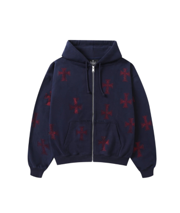 Zip Hoodie Navy/Red Crosses Rhinestone | Unknown la colonne vertébrale