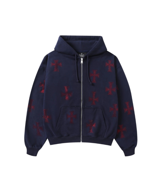 Zip Hoodie Navy/Red Crosses Rhinestone | Unknown la colonne vertébrale